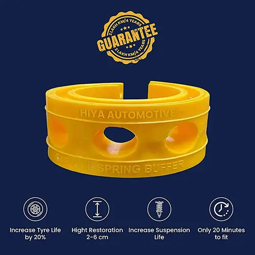 Hiya Automotive yellow coil spring buffer showcasing benefits like improved stability, tyre life, height restoration, suspension durability, and easy install