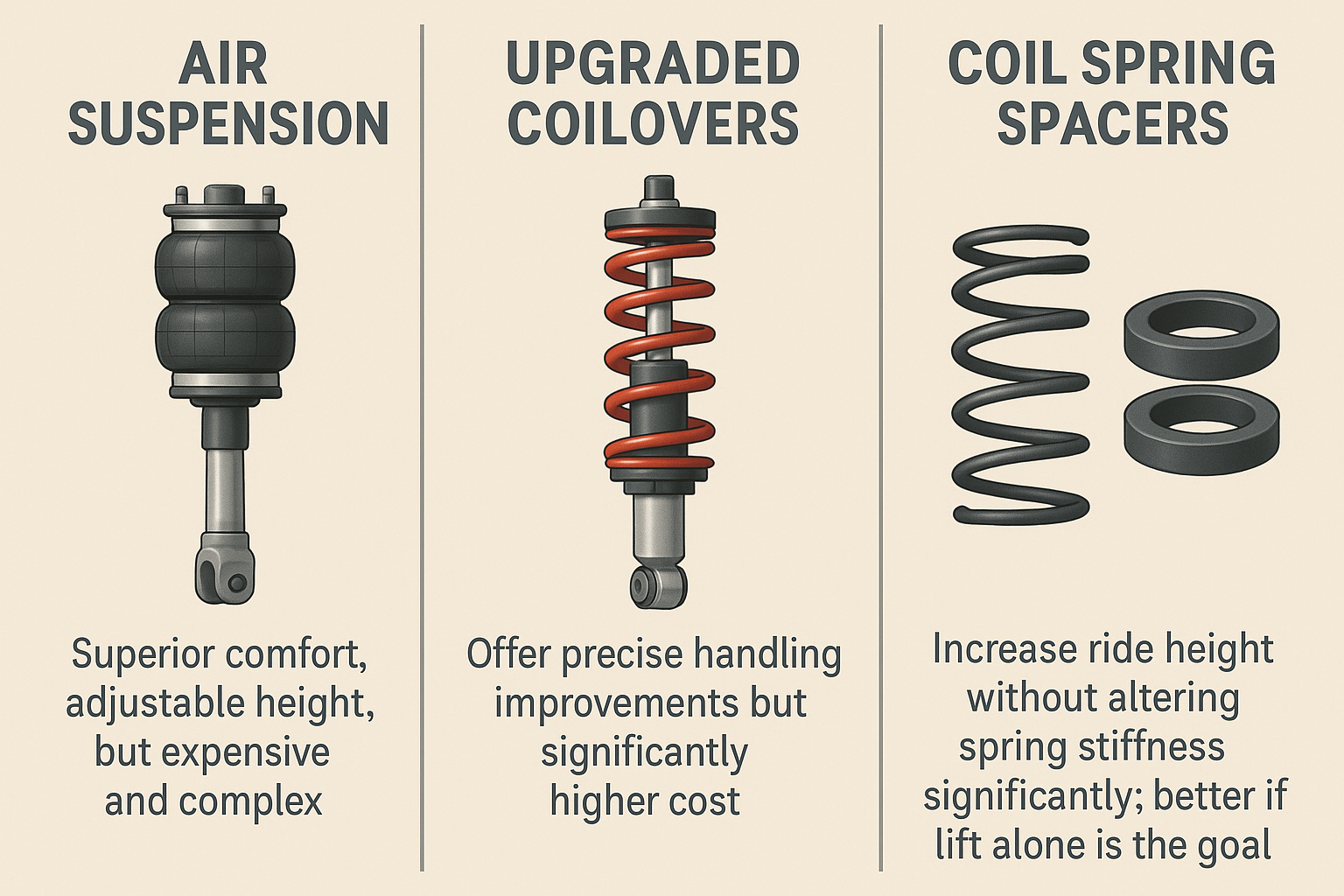 Comparison of air suspension, coilovers, and coil spring spacers showing ride comfort, cost, and performance differences for suspension upgrades