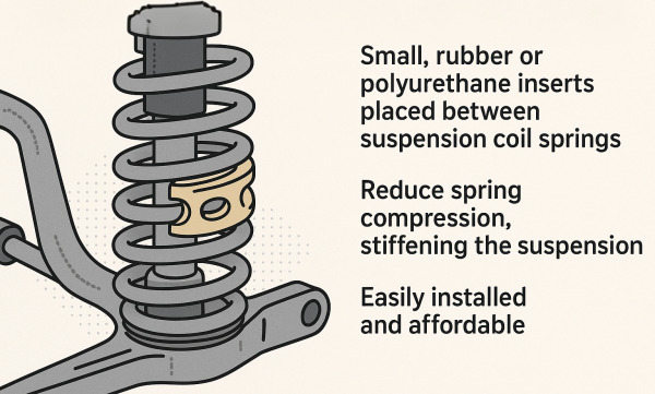 Coil spring buffer installed between suspension coils showing benefits: reduces compression, improves ride comfort, easy to install and affordable
