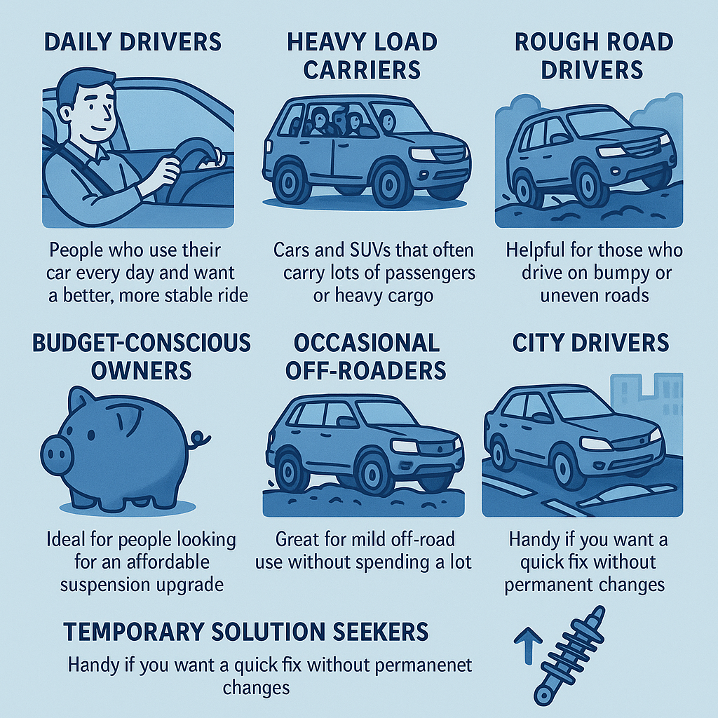 Types of drivers who benefit from coil spring buffers: daily drivers, heavy load carriers, rough road users, budget car owners, city drivers, and more